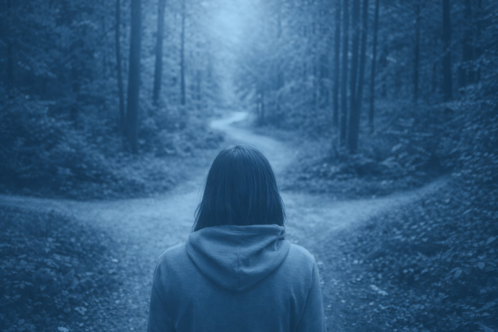 Person standing at a forest crossroads symbolizing searching for spiritual purpose and inner direction
