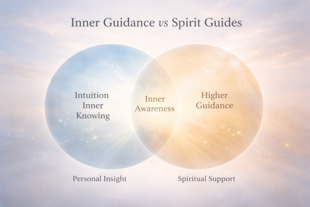 Diagram showing the relationship between inner guidance and spirit guides, with intuition and inner knowing overlapping with higher guidance as inner awareness.