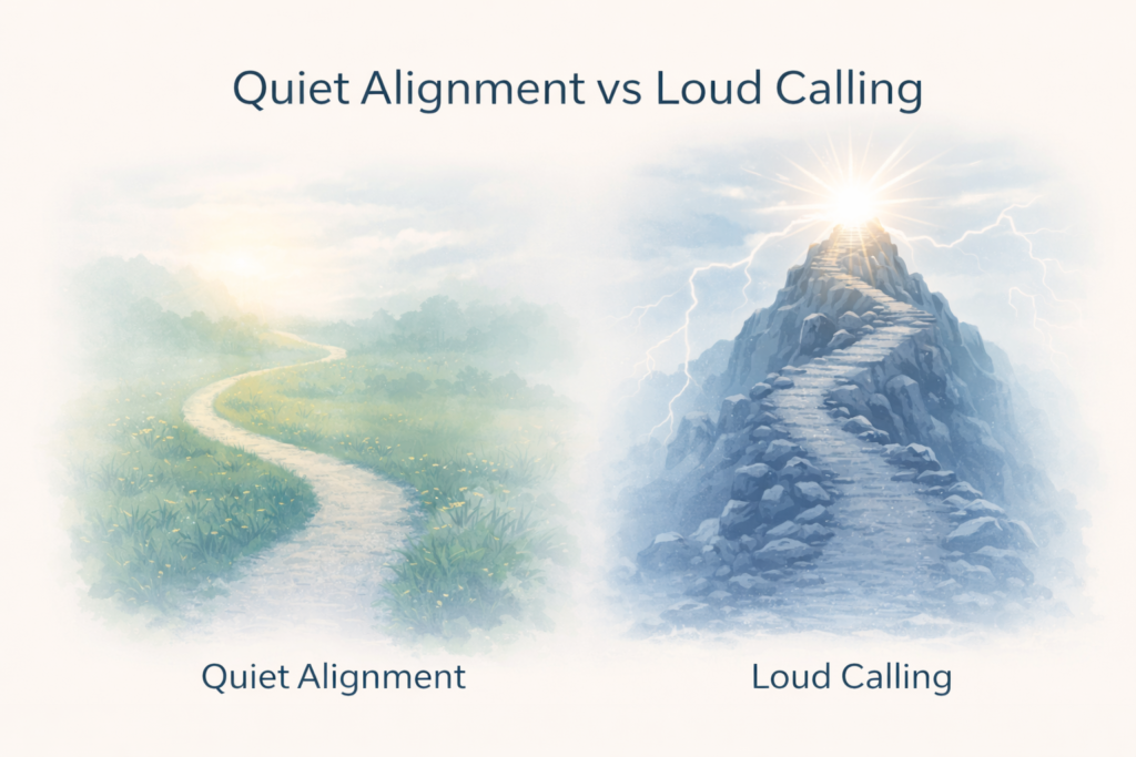 Illustration comparing quiet alignment with loud calling in finding spiritual purpose