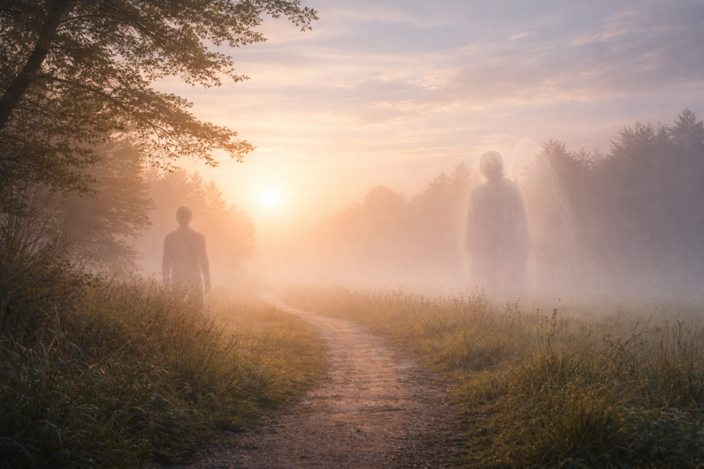 A symbolic image showing a person walking a path with subtle spiritual figures nearby, representing spirit guides and inner guidance.