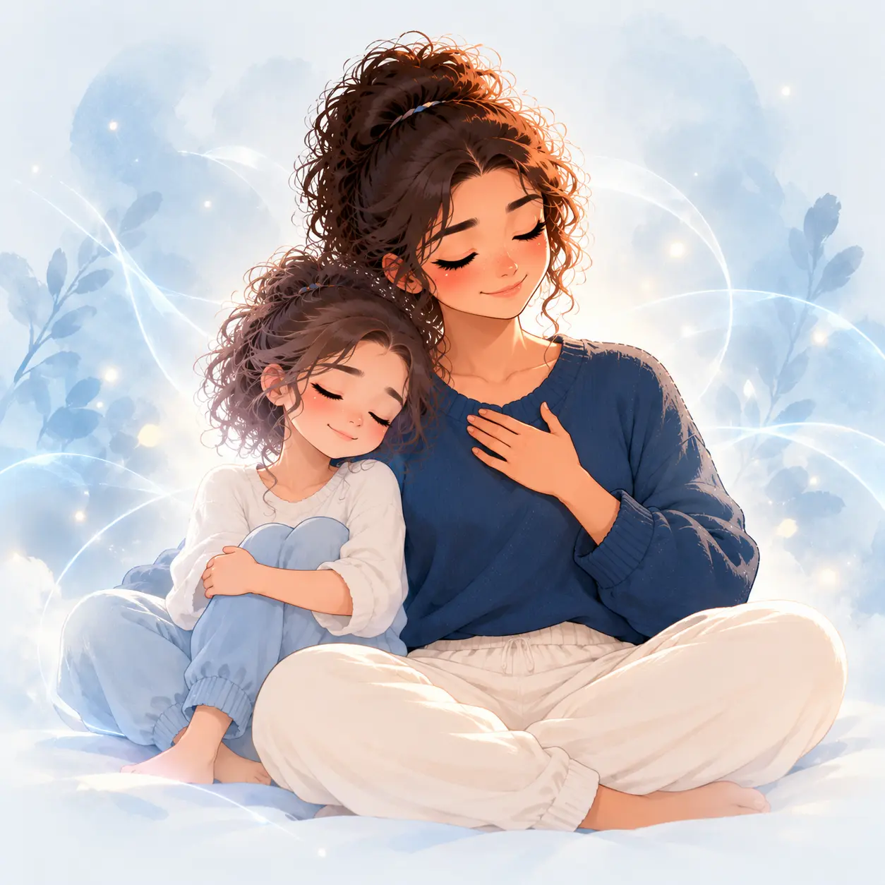 Clara gently holding her inner child in soft, dreamy light, an illustration of subconscious healing